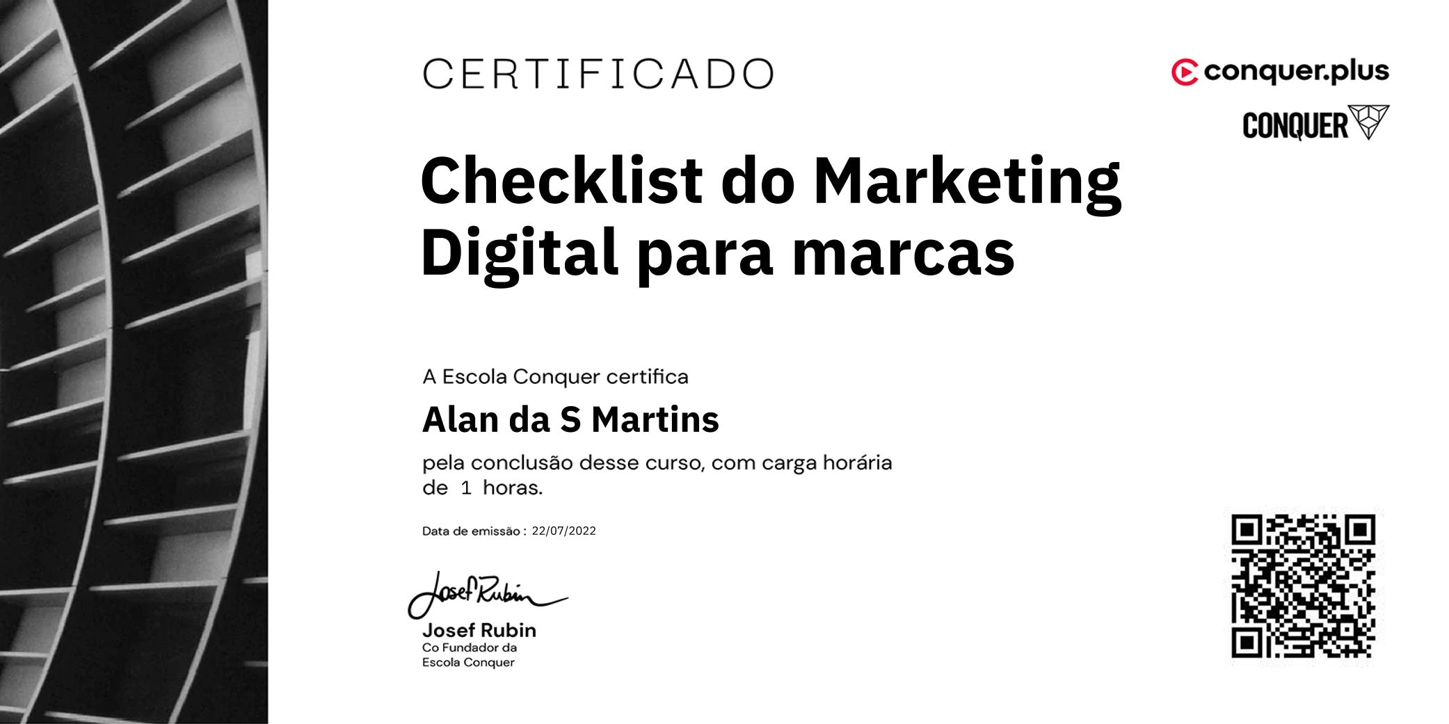 Certificado de Checklist do Marketing Digital para marcas